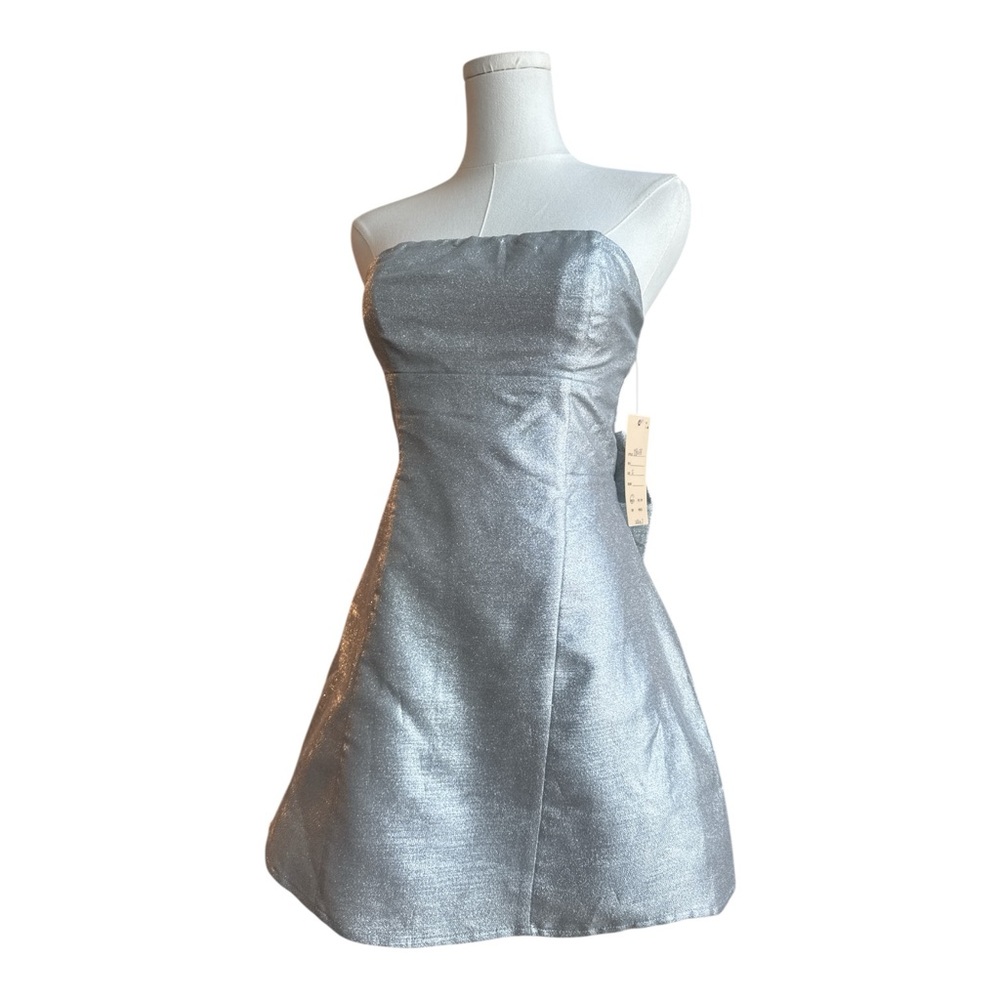 SFC15 Silver Sparkle strapless dress with removable clip bow detail size small